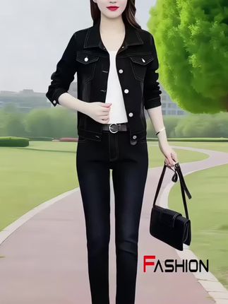牛仔套装女春秋季黑色时尚小个子显瘦洋气外套韩版网红百搭牛仔裤#减龄显瘦穿搭 #休闲百搭 #气质显瘦穿搭 #春秋穿搭 #美搭尽显女神范