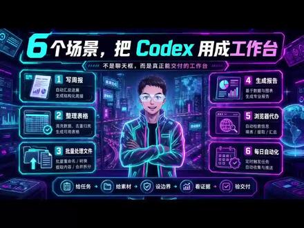 6 个场景,把 Codex 用成工作台 这是一条给打工人的 Codex 入门视频。
不是教你和 AI 聊天,而是教你把 Codex 用成真正的工作台:写周报、整理表格、批量处理文件、生成报告、浏览器代办、每日自动化。
核心方法很简单:给任务、给素材、设边界、看证据、验交付。
#打工人 #Codex #AI办公 #AI工具 #职场效率