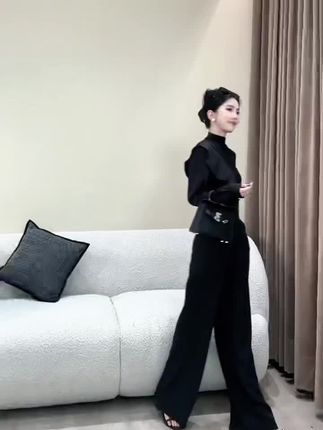 2025早秋半高领长袖T恤打底百搭高腰西装裤气质套装