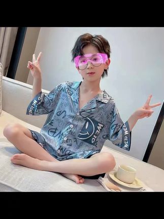 男童冰丝睡衣夏季2025新款儿童短袖家居服网红大童男孩夏款空调服#童装 #空调服