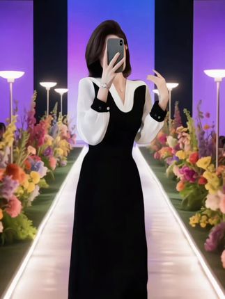撞色拼接连衣裙 春季新款气质名媛优雅撞色长袖拼接修身显瘦黑色连衣裙D0588#撞色拼接连衣裙 #优雅气质 #连衣裙 #春季新款 #黑色连衣裙