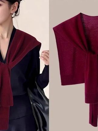 #披肩 #披肩推荐 #针织披肩 #针织披肩推荐 #百搭针织披肩      安可拉红色百搭针织披肩女春夏新款外搭空调房搭肩打结围巾护颈