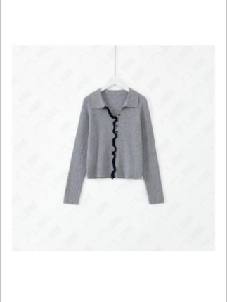 几里与麻修身撞色花边翻领针织开衫# 针织幵衫#穿搭耕谁穿谁好看#修身版 型