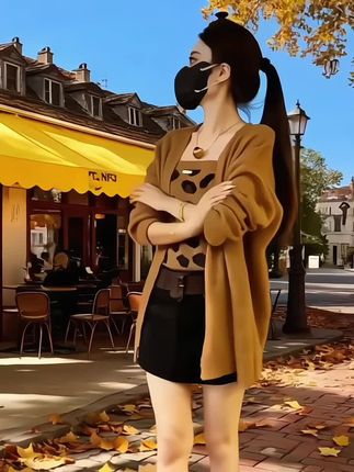 秋装搭配一整套年新款百搭豹纹吊带针织开 衫高腰短裙三件套装#套装 #高腰 #短裙 #针织衫 #早秋穿搭