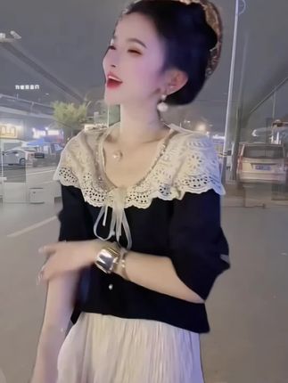 #重工蕾丝拼接针织衫女2025秋季新款时尚洋气减龄显瘦小众小衫上衣@抖音小助手