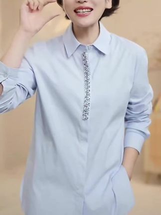 Childe Yao设计感棉衬衣女手工钻钉珠宽松翻领长袖衬衫