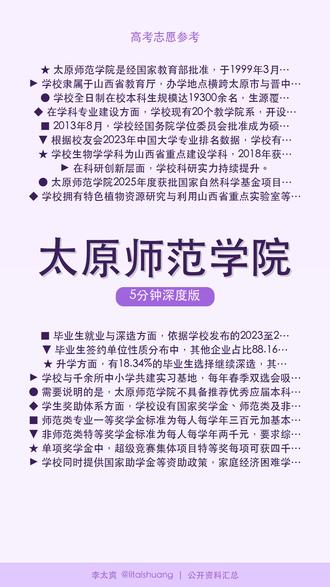 太原师范学院:高性价比好大学推荐,真实录取全貌概览 🎓太原师范学院5分钟精讲。
太原师范学院是经国家教育部批准,于1999年3月由山西大学师范学院、太原师范专科学校和山西省教育学院合并组建的全日制普通本科师范院校,历史文脉可追溯至1905年创办的山西省官立师范学堂。学校隶属于山西省教育厅,办学地点横跨太原市与晋中市,现有四个校区,总占地面积约1881.56亩,其中位于晋中市榆次区山西省高校新校区的新校区占地1569.21亩,于2013年9月投入使用。
📺 快速版见主页 #太原师范学院 #师范大学 #当老师 #择校指南 #大学介绍