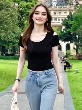 #修身夏季新款#露肩高腰显瘦露脐上衣#小个子穿搭