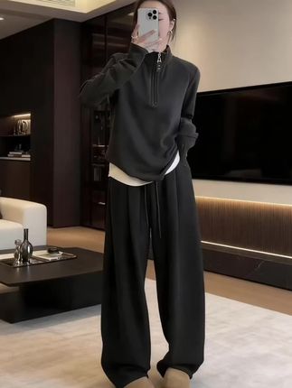 欧货深灰色休闲运动套装女春秋慵懒时尚洋气半拉链卫衣两件套
