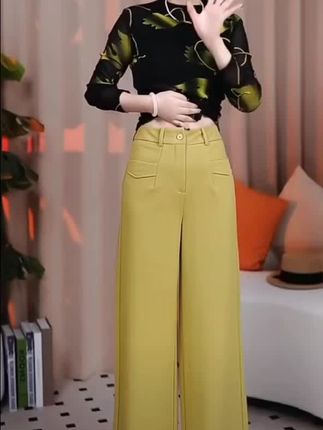 今年流行黄色裤子加厚长裤阔腿裤女秋冬高腰垂 感宽松休闲裤直筒裤