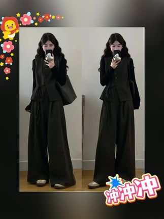 大码女装胖mm新款时尚显瘦毛呢马甲+T恤+阔腿裤三件套#女装 #女装套装 #马甲阔腿裤套装 #女装三件套 #马甲阔腿裤三件套