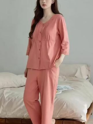 猫人A类100%纯棉带胸垫蕾丝睡衣女2025秋褶皱可遛弯家居服套装#套装 #家居服 #睡衣 #睡衣家居服