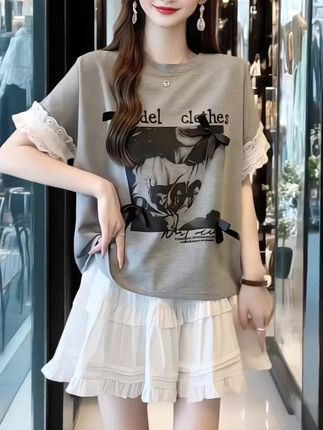 蕾丝拼接蝴蝶结正肩短袖T恤宽松遮肚减龄上衣#时装搭配 #御姐风穿搭 #新款服饰 #夏季新款。#宽松减龄