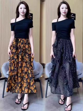 法式高级感荷叶边波点半身裙女夏2025新款度假风高腰显瘦雪纺长裙#穿搭 #时尚女装