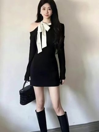 法式纯欲蝴蝶结黑色针织连衣裙子女修身气质露肩包臀a字短裙早秋 #通勤穿搭如何摆脱土气感