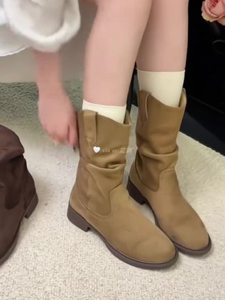 【隐形增高8cm】美拉德马丁靴女秋款中筒显瘦堆堆褶皱复古低筒女靴 #堆堆靴 #低筒女靴#马丁靴