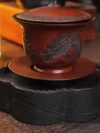 云南复烧紫陶全手工雕刻盘龙三才盖碗新中式高档家用泡茶功夫茶具#茶具 #高档泡茶茶具 #紫陶茶壶