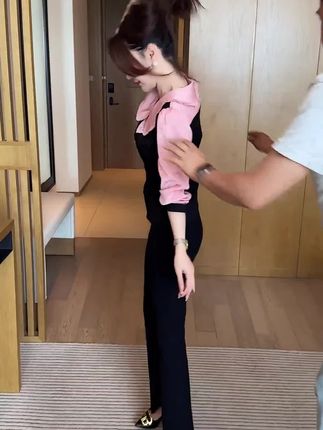 春秋新款洋气修身显瘦假两件拼接长袖衬衫阔腿裤两件套#显瘦穿搭#气质穿搭#休闲穿搭#减龄穿搭#时尚穿搭