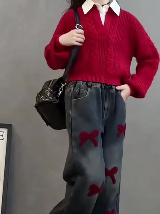 女童毛衣加绒牛仔裤套装#女童套装 #生女儿就是用来打扮的