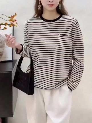 【100%纯棉】条纹圆领套头长袖针织衫早秋女士百搭宽松休闲上衣 #秋冬时尚穿搭 #条纹针织衫 #穿搭风格 #秋季新款女装#罗列衣橱@DOU+上热门 @热点小助手