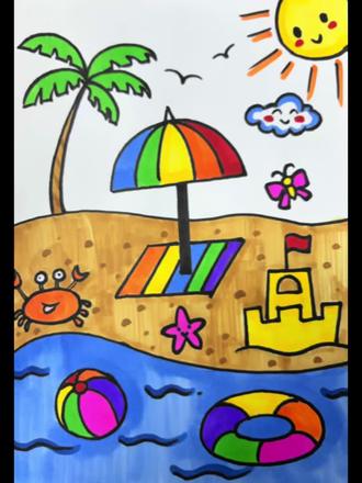 今天我们来画沙滩小景#简单的绘画教程 #夏日海滩风景画 #临汾学画画