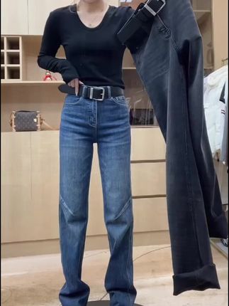飞芊娅早春新款加厚高腰直筒牛仔裤女梨型身材显瘦休闲窄版阔腿裤#牛仔裤 #直筒裤 #休闲裤