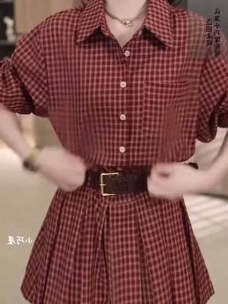 时尚套装女2025秋季新款洋气格子衬衫上衣百褶连衣裙短裤两件 #时尚两件套#气质两件套#显瘦衬衫#百搭上衣#洋气连衣裙