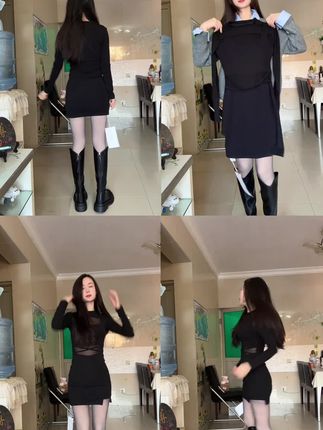 气质名媛网纱拼接长袖连衣裙性感辣妹设计感收腰显瘦打底包臀短裙 #打底包臀裙 #性感连衣裙 #收腰显瘦
