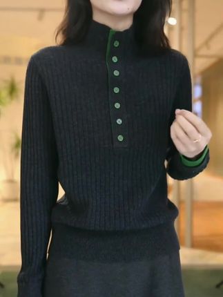 #气质小衫 #穿出自信穿出美丽 #今日推荐 5休闲黑色常规款拼接袖型针织显瘦不起球打底衫图案针织衫