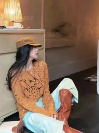 法式早秋氛围感镂空设计感长袖针织衫女宽松百搭叠穿罩衫上衣#上衣 #针织衫 #女装
