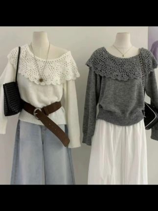 #女装穿搭 #穿搭女装 #服装穿搭 #女装搭配 #衣服穿搭 【海街日集】韩系重工镂空钩花斜领针织衫毛衣娃娃领减龄秋冬一字肩