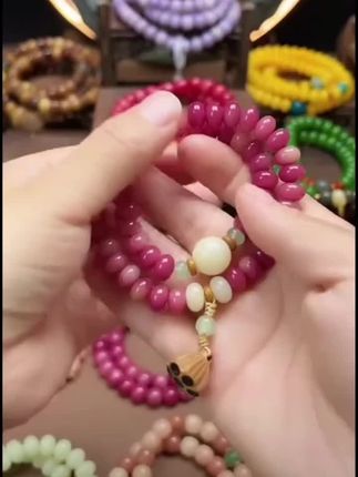 乌梅子酱菩提算盘珠玉柔双圈莲蓬手持手串(盘玩袋),胭脂红两世欢手串#手串 #文玩珠串 #手串搭配 #两世欢手串