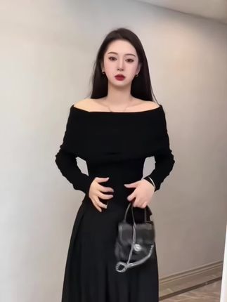 一字肩秋冬显瘦黑色针织衫小众露肩修身气质白色法式毛衣长袖上衣#一字肩秋冬显瘦黑色针织衫#小众露肩修身#气质白色法式毛衣长袖上衣
