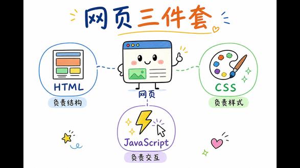 网页三件套怎么分工,新手入门一次讲清 这段内容用非常直观的方式讲清了前端入门里最常见的三个概念:HTML、CSS 和 JavaScript。核心逻辑就是一句话:HTML 负责网页结构,决定页面上有什么;CSS 负责样式,决定网页长什么样;JavaScript 负责交互,决定网页能不能响应点击、输入和切换等操作。通过“按钮页面”的例子,新手可以理解三者并不是孤立存在,而是一个负责有内容,一个负责变好看,一个负责动起来。掌握这个分工后,不管是继续学网页开发,还是让 AI 帮你写代码,都会更容易描述需求、看懂代码。#前端入门 #HTML #CSS #JavaScript #网页开发