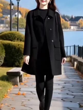 纯色大码新款女装韩版宽松中长款毛呢外套女双排扣显瘦呢子大衣