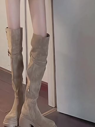 巨显高美拉德两穿,翻折过膝长靴女粗跟厚底,7cm显瘦高筒骑士靴,