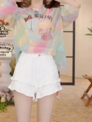 妖精的口袋多巴胺印花网纱长袖t恤女夏季新款慵懒风小众罩衫#轻松透气
