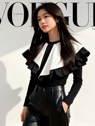 欧洲站2025秋季新款荷叶边设计感拼接上衣女洋气百搭小众休闲T恤#时尚穿搭时尚穿搭时尚 #传统服饰 #女神 #每日分享