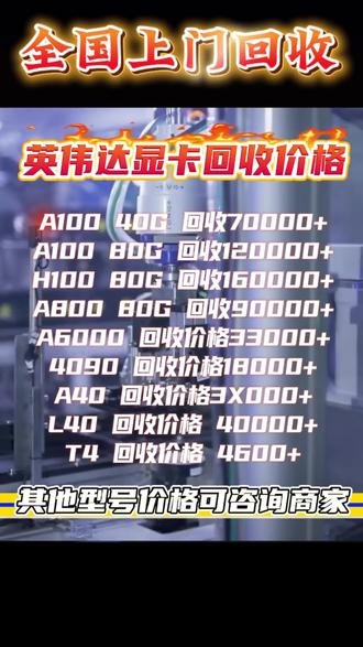 英伟达GPU显卡高价回收 A100 A800 H100 H200 H800 PCIE原版 定制版40G 80G 96G HGX模组整机 八卡机 RTX4090算力机
TESLA显卡 RTX A5000 A6000 A4000 A8000 A4500 A2000 A5500 A2 A10 A30 A16 A40 A30X T4 V100 V100S L40 L40S L4 L20 RTX4000 RTX5000 RTX6000 RTX8000 RTX2000 RTX5880 RTX6000 ADA RTX4090 RTX4090D RTX5090 八卡机 GPU服务器 算力机 deepseek AI 算力主机 ALEO 四卡机 六卡机