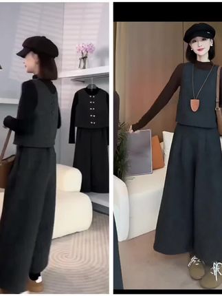 姐妹们,这套真的太好看了!这个是今年很流行的马甲套装,上身效果超级赞,满满的高级感。而且它还是毛呢面料的,冬天穿起来特别暖和,还显瘦又洋气,关键价格也不贵哦!