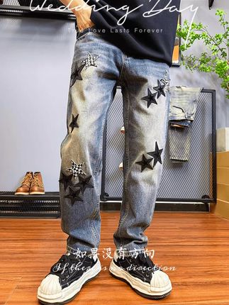 秋季潮款星星复古水洗做旧牛仔裤男痞帅炸街宽松锥形长裤5411-3