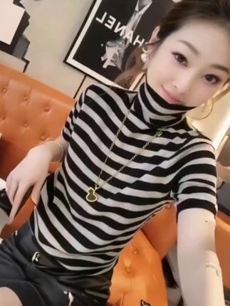 欧洲站纯色堆堆领春夏百搭经典条纹软糯亲肤高领显瘦减龄短袖上衣#优雅气质 #条纹控 #又美又飒 #洋气减龄 #早秋新