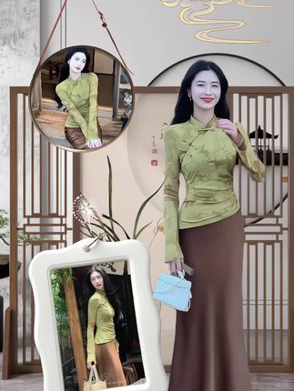 新中式印花喇叭袖上衣缎面高腰鱼尾裙长裙套装#优雅气质 #新中式穿搭 #气质范