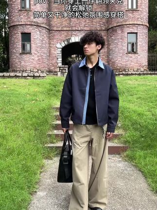 Syri【拼接撞色格纹】早秋藏青色新款翻领夹克男女复古无性别