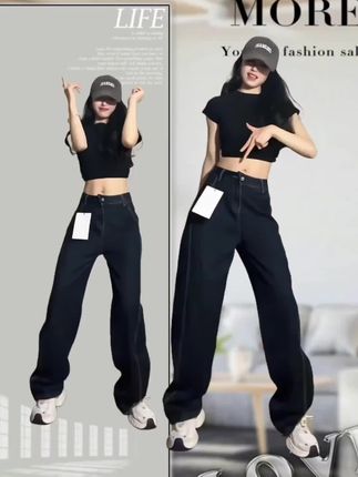 深蓝弯刀阔腿牛仔裤女2025秋季新款高腰显瘦小个子百搭直筒拖地裤#穿搭 #牛仔裤 #显瘦穿搭 #今日穿搭look #辣妹穿搭