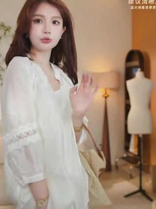 新款】薇薇安少女 防晒V领七分袖通勤风衬衫+松紧腰短裤