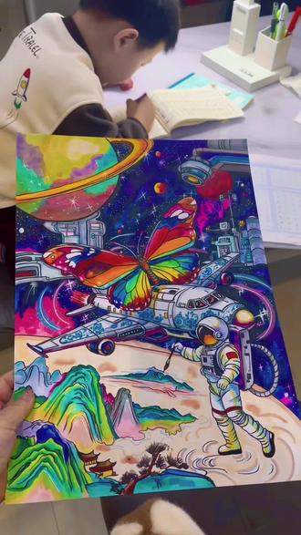 儿子写作业妈妈画国风主题科幻画宇宙空间站#儿童绘画 #绘画教程 #马克笔手绘 #儿童画教程 #手抄报