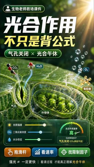 一分钟讲明白光合作用 光合作用不是只背“二氧化碳 + 水 + 光能 → 有机物 + 氧气”。
这个互动课件把光照、CO₂、水分、气孔开闭和叶绿体转化过程做成微观动画,还能实时显示速率和限制因子。#生物可视化#初中生物 #光合作用 #交互课件 #公开课