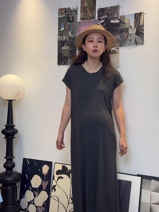 穿到220斤V领懒人长裙夏天孕妇短袖百搭莫代尔中长款打底连衣裙#孕妇裙