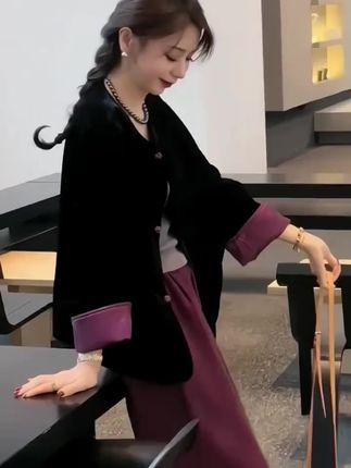 秋冬女装 新中式国风感丝绒提花两面穿长袖外套女春秋新款百搭宽松百搭上衣 #外套 #女装 #秋冬穿搭